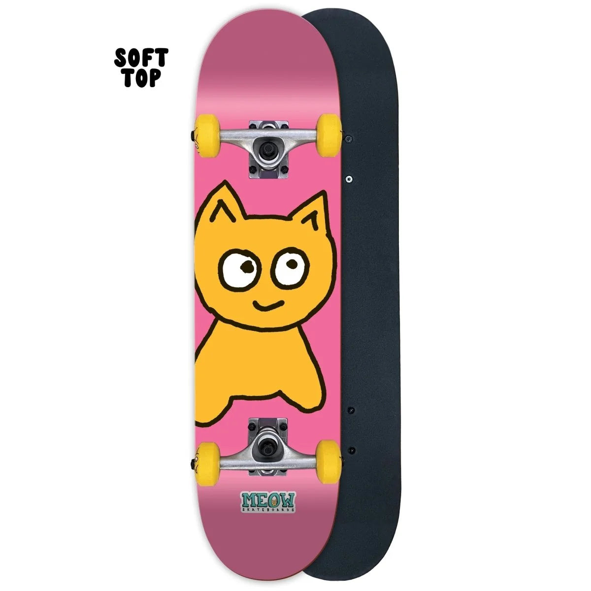 A skateboard deck shown from the underside, featuring a pink graphic with a cartoon yellow cat and the brand name 'meow SKATEBOARDING'. A second view of the deck with a black grip tape surface is positioned behind it on a white background.