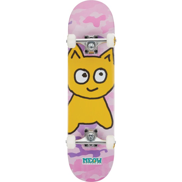 Skateboard with a cartoon cat design on a pink and purple background