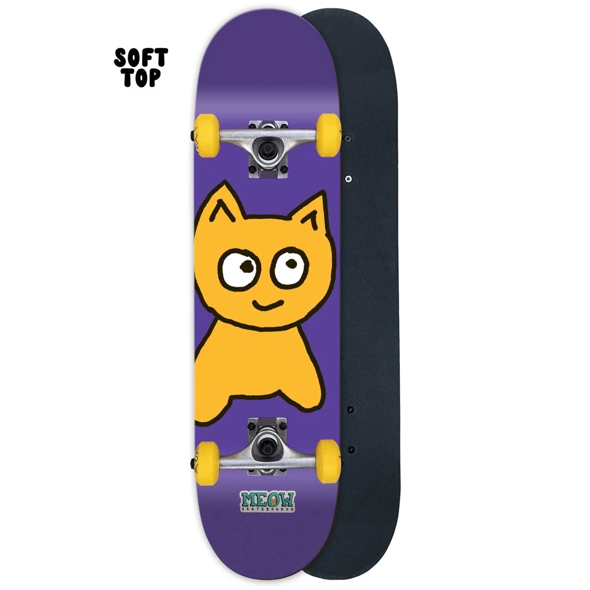 Skateboard with a cartoon cat design on a purple deck and black bottom, featuring the word 'MEOW'.
