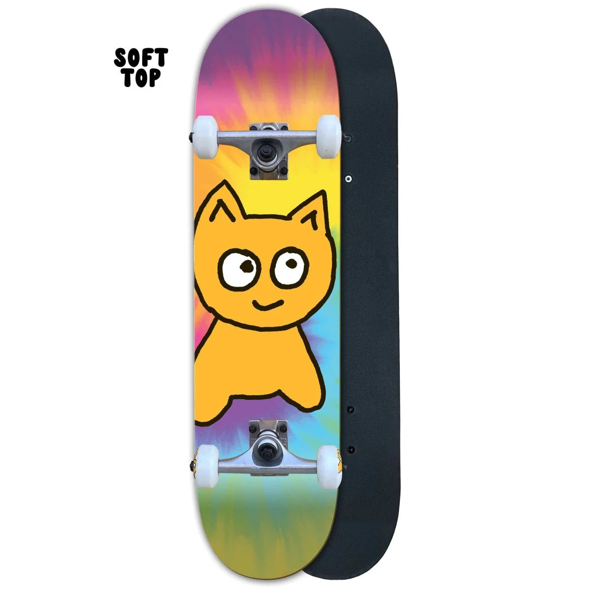 Skateboard with a colorful design featuring a cat on a white background