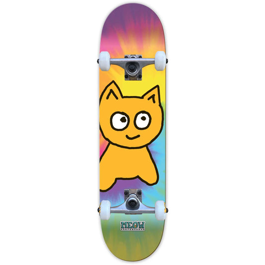 Skateboard with a colorful design featuring a cat illustration on a white background