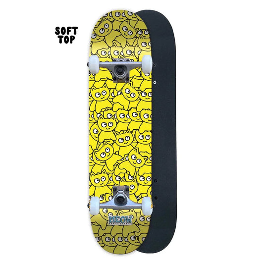 Skateboard with yellow cat pattern on top and black bottom, brand 'MEOW' visible.
