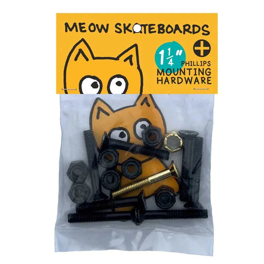 A packaged set of Meow Skateboards Phillips mounting hardware inside a clear plastic bag with a yellow cardboard header. The set includes black hardware pieces and a gold screw, with a cartoon cat face printed on the packaging.