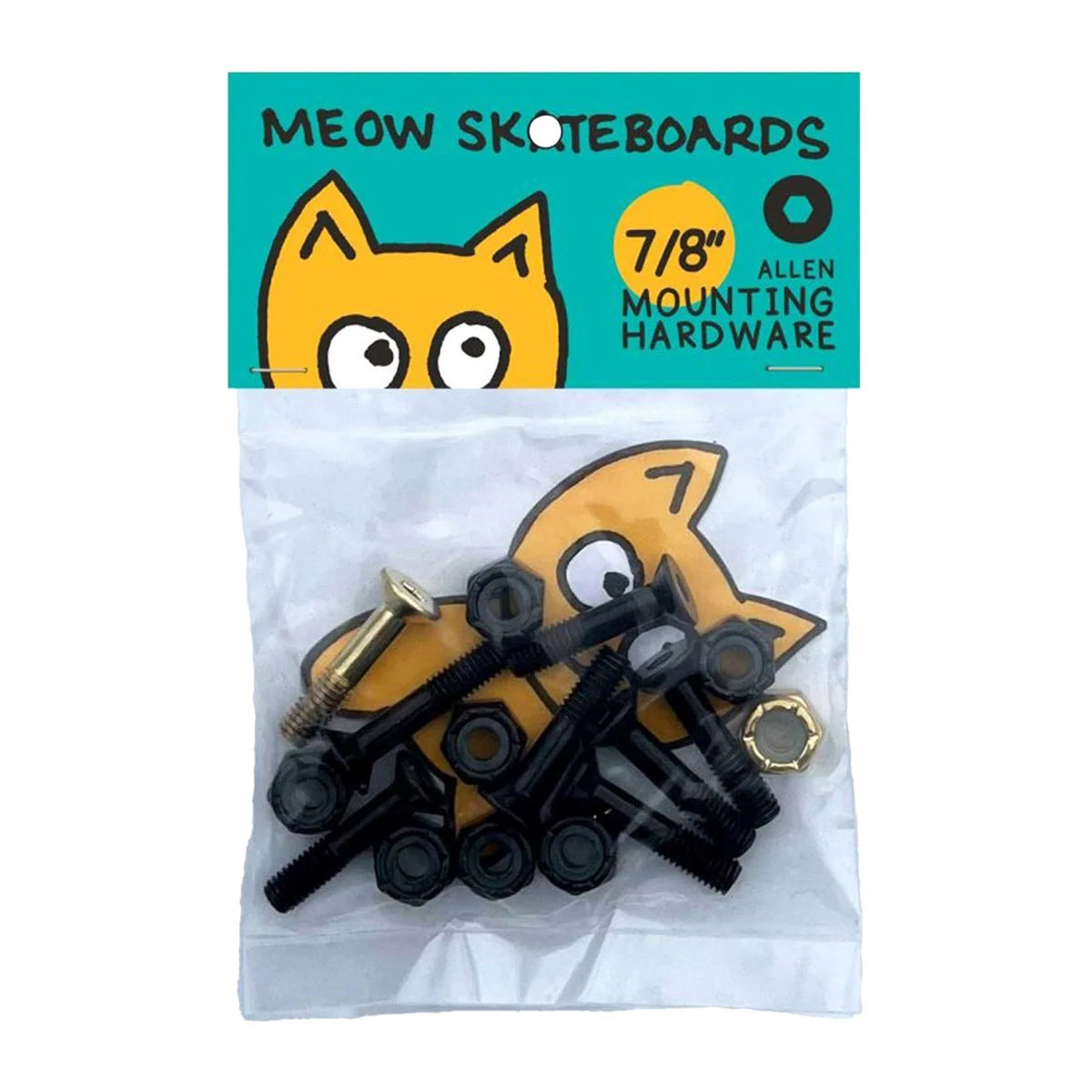 A package of Meow Skateboards 7/8" Allen mounting hardware, containing black bolts, nuts, and washers with one brass screw, sealed in a clear plastic bag with a teal header card featuring a cartoon cat.