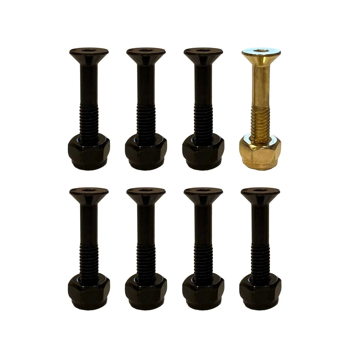 Eight hex head bolts and nuts arranged in two rows on a plain white background, with four black pieces and four brass pieces.