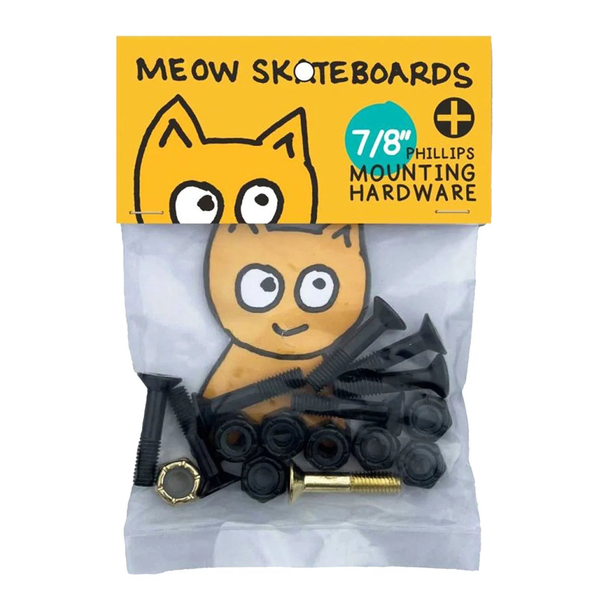 Phillips mounting hardware for Meow Skateboards, including black screws, nuts, and washers with a brass bolt, packaged in a clear bag with a yellow header card featuring a cartoon cat.