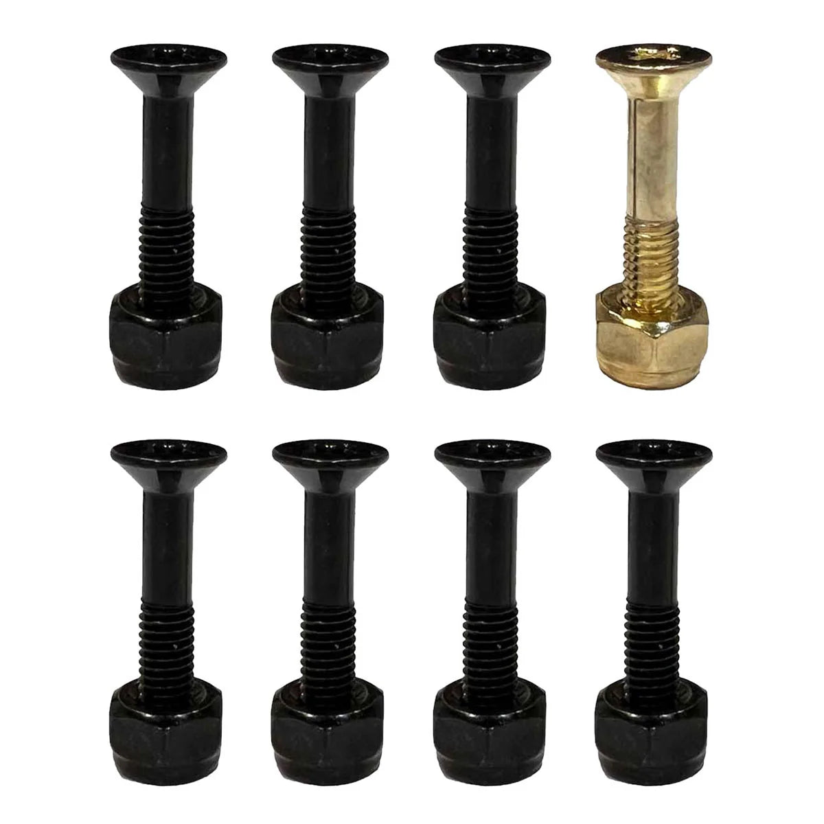 Eight hex head bolts arranged in a grid on a white background, with six black bolts and two brass-colored bolts.