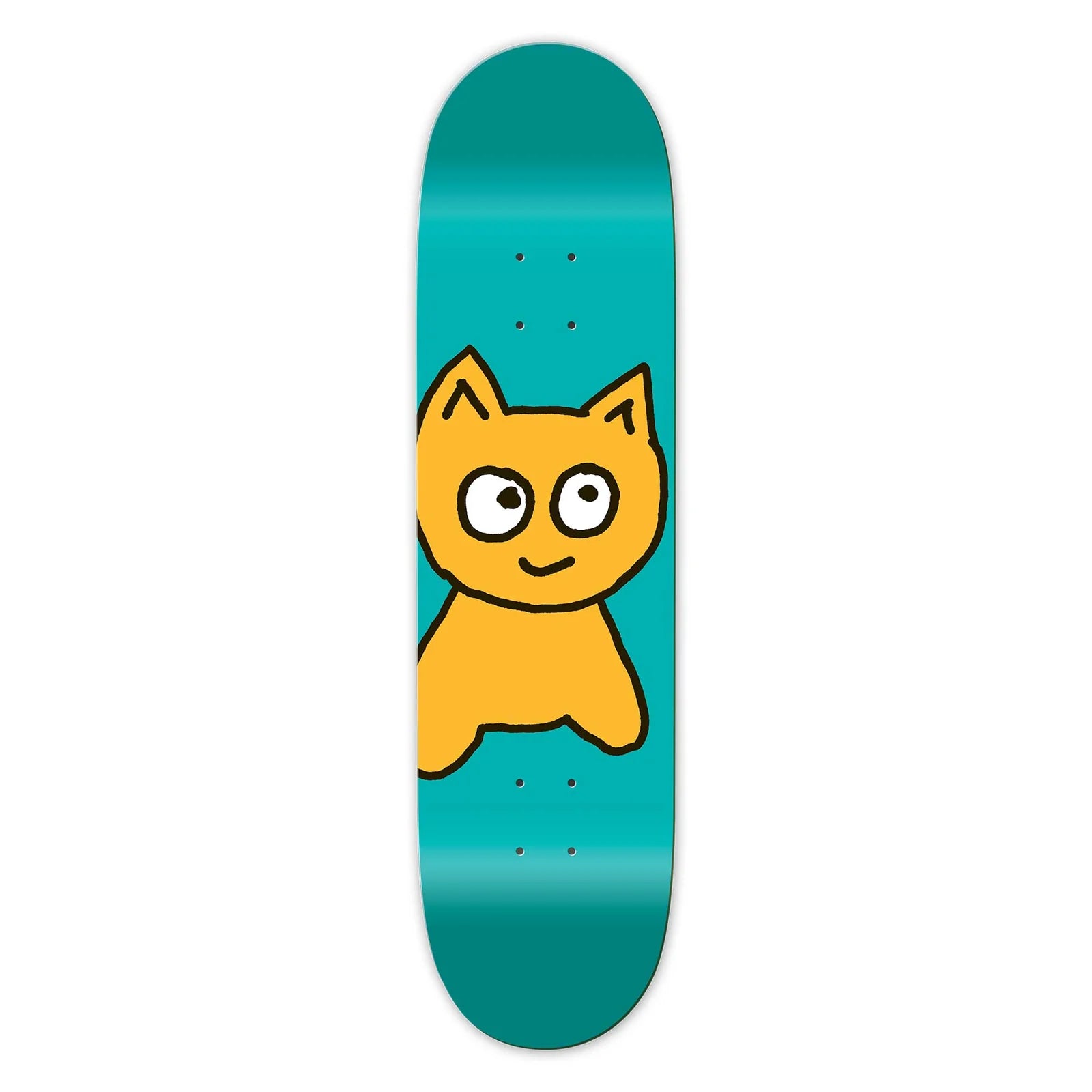 Skateboard deck with a cartoon cat design on a teal background
