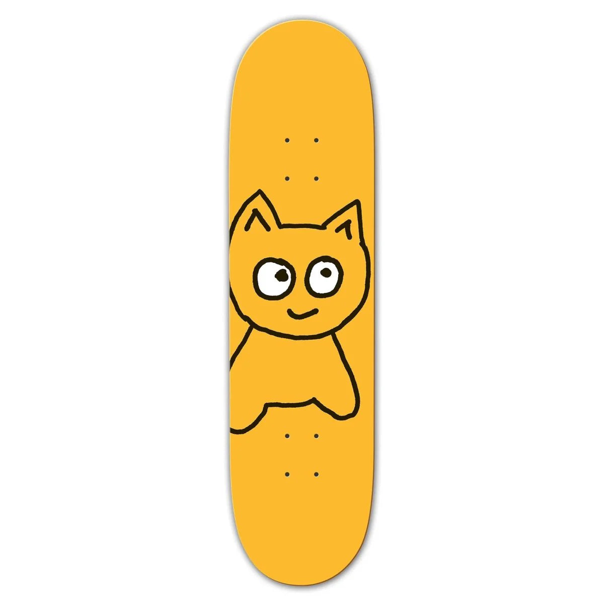 Skateboard deck with a cartoon cat design on a yellow background
