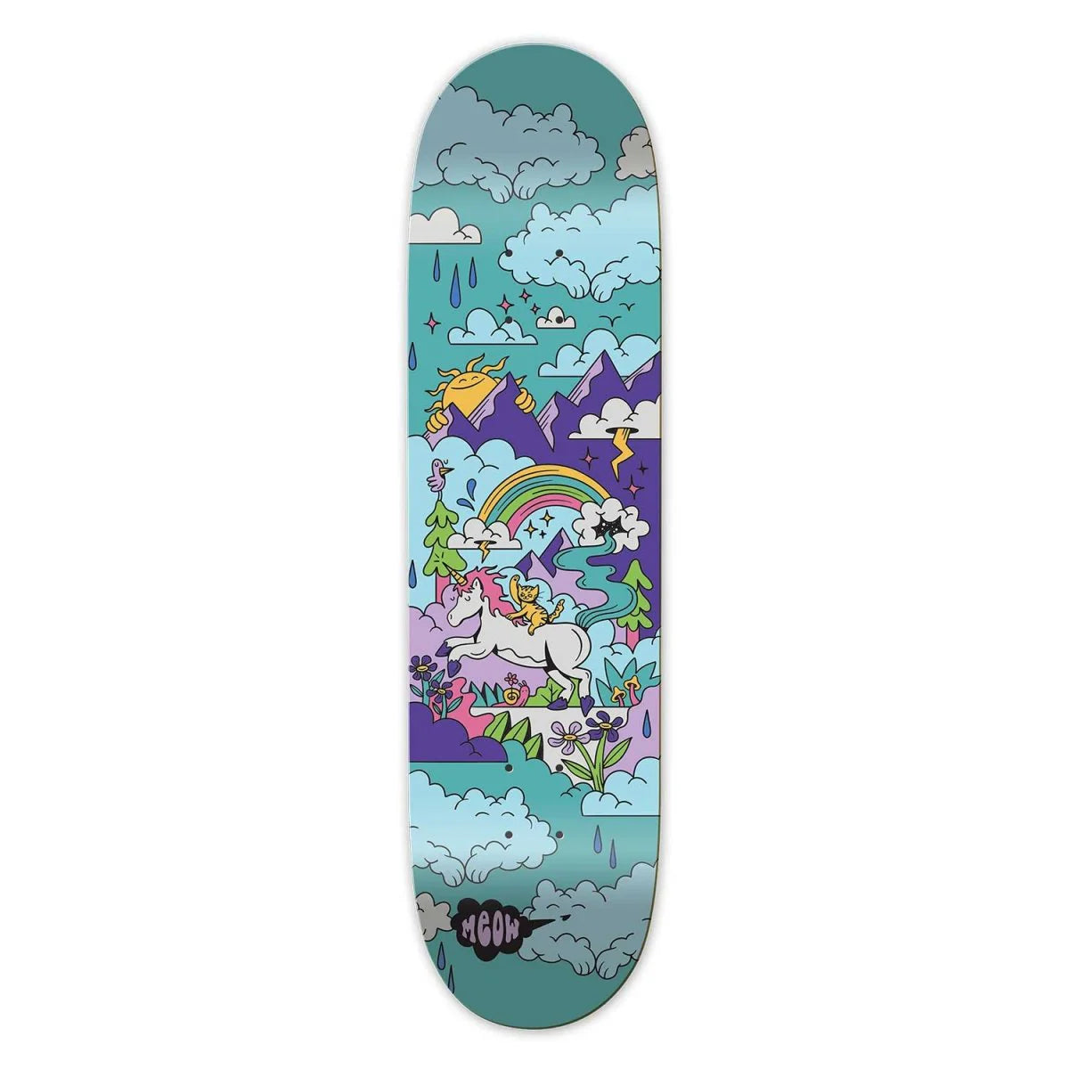 Skateboard deck with colorful unicorn and rainbow design on a white background
