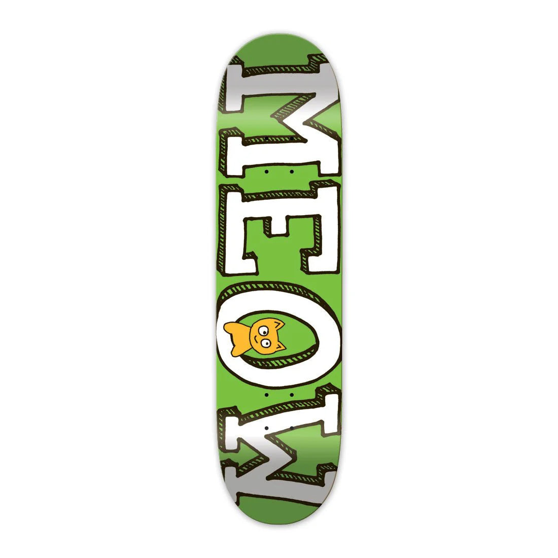 Skateboard deck with a green and white design on a white background