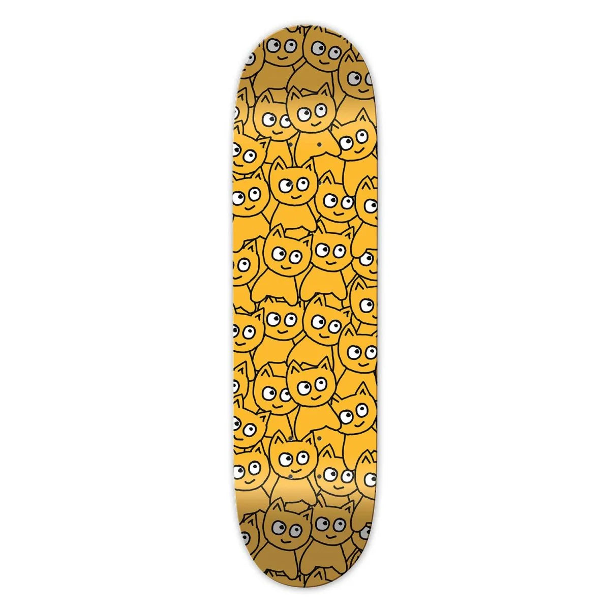 Skateboard deck with a pattern of yellow cats on a white background