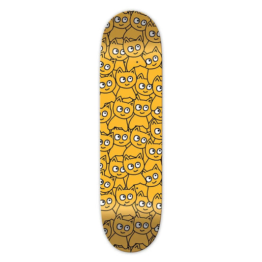Skateboard deck with a pattern of yellow cats on a white background