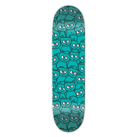 Skateboard deck with a pattern of blue cats on a white background