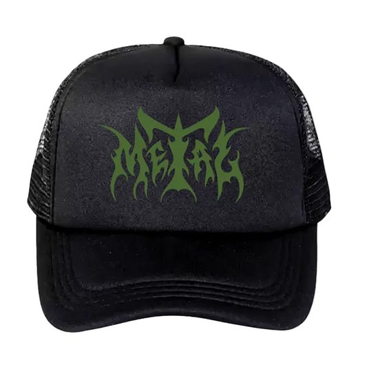 Black cap with green 'Metal' logo on a white background