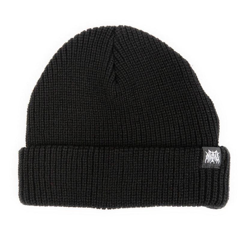 Black beanie with a logo on a white background