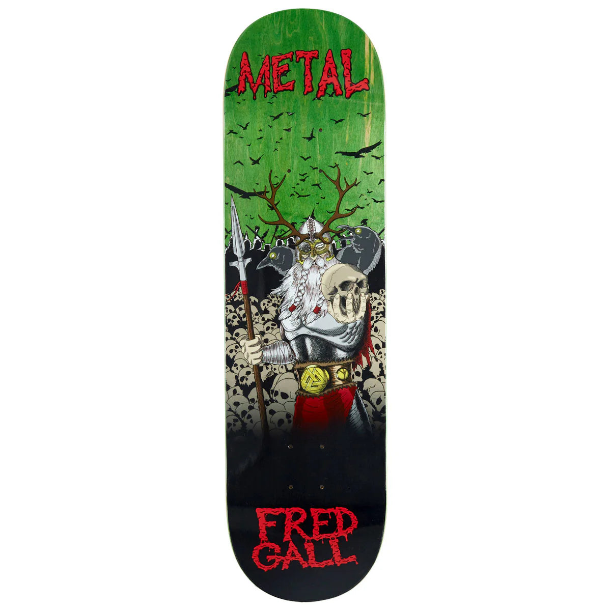 Skateboard deck with a graphic design featuring skulls, a helmet, and the word 'Metal' on a green and black background.