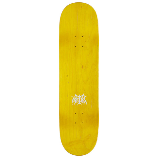 Yellow skateboard deck with a logo on a white background