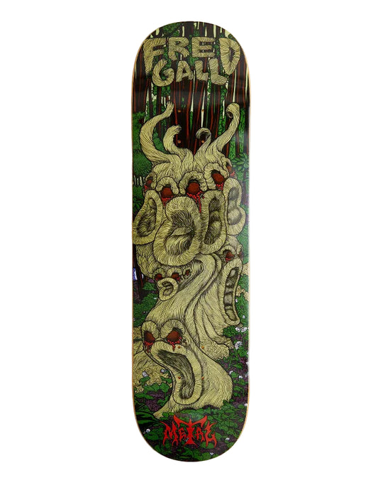 Skateboard deck with a detailed design and 'Fred Gall' branding on a white background