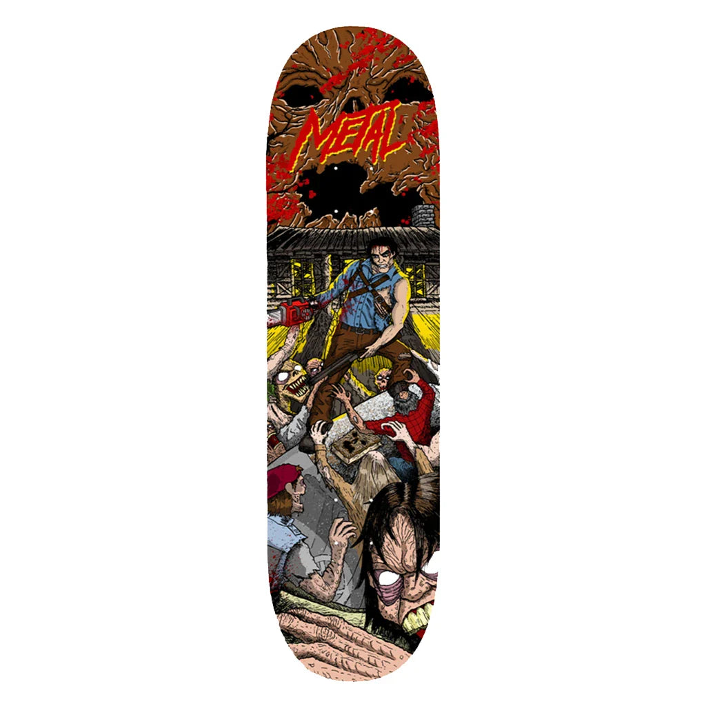 Skateboard deck with a graphic design and the word 'Metal' on a white background.