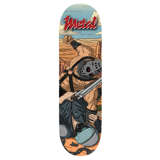 Skateboard deck with a graphic design of a character holding a gun on a white background