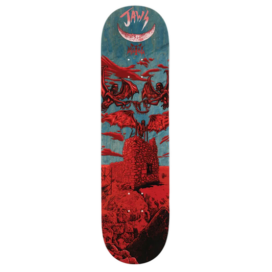 Skateboard deck with red and blue design on a white background