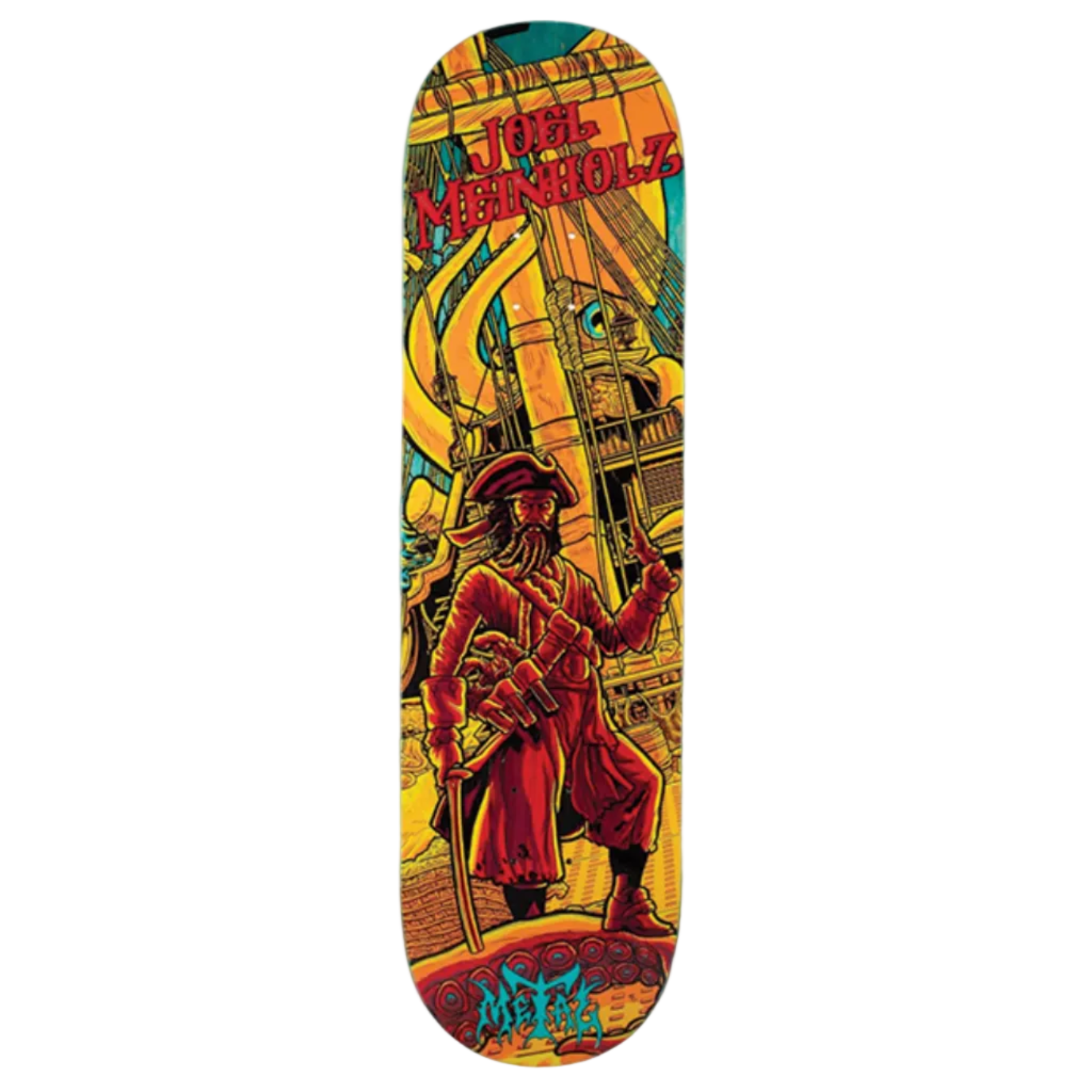 Skateboard deck with colorful design featuring a person holding a gun on a white background