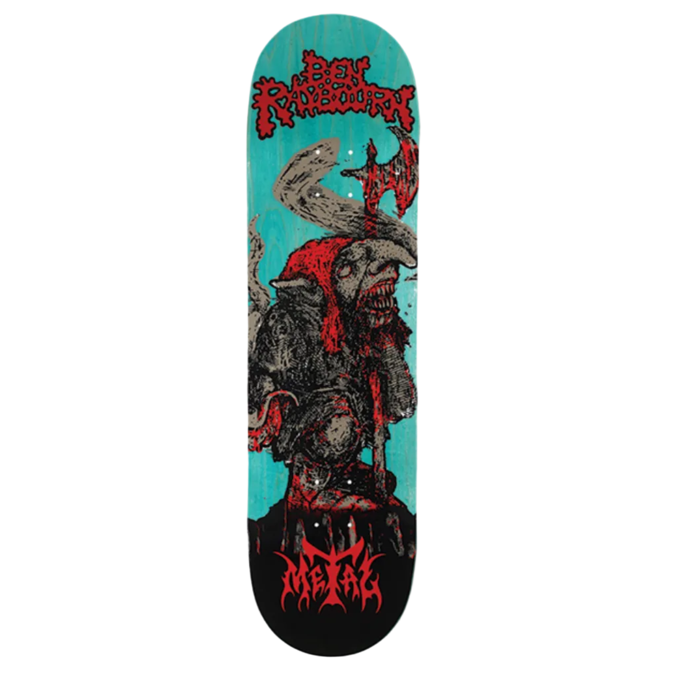 Skateboard deck with graphic design and text on a white background