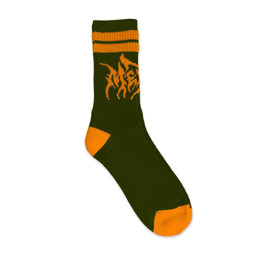 Green sock with orange accents on a white background