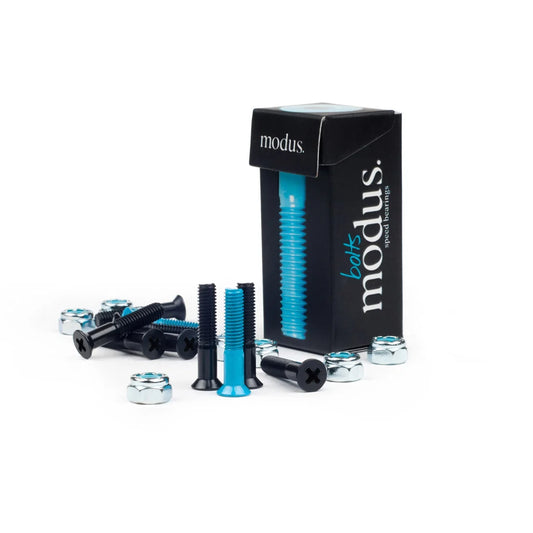 Modus brand bicycle saddle bolts and nuts displayed next to their black retail packaging box on a clean white background.
