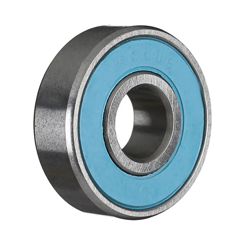 Metal bearing with blue rubber seal on a white background