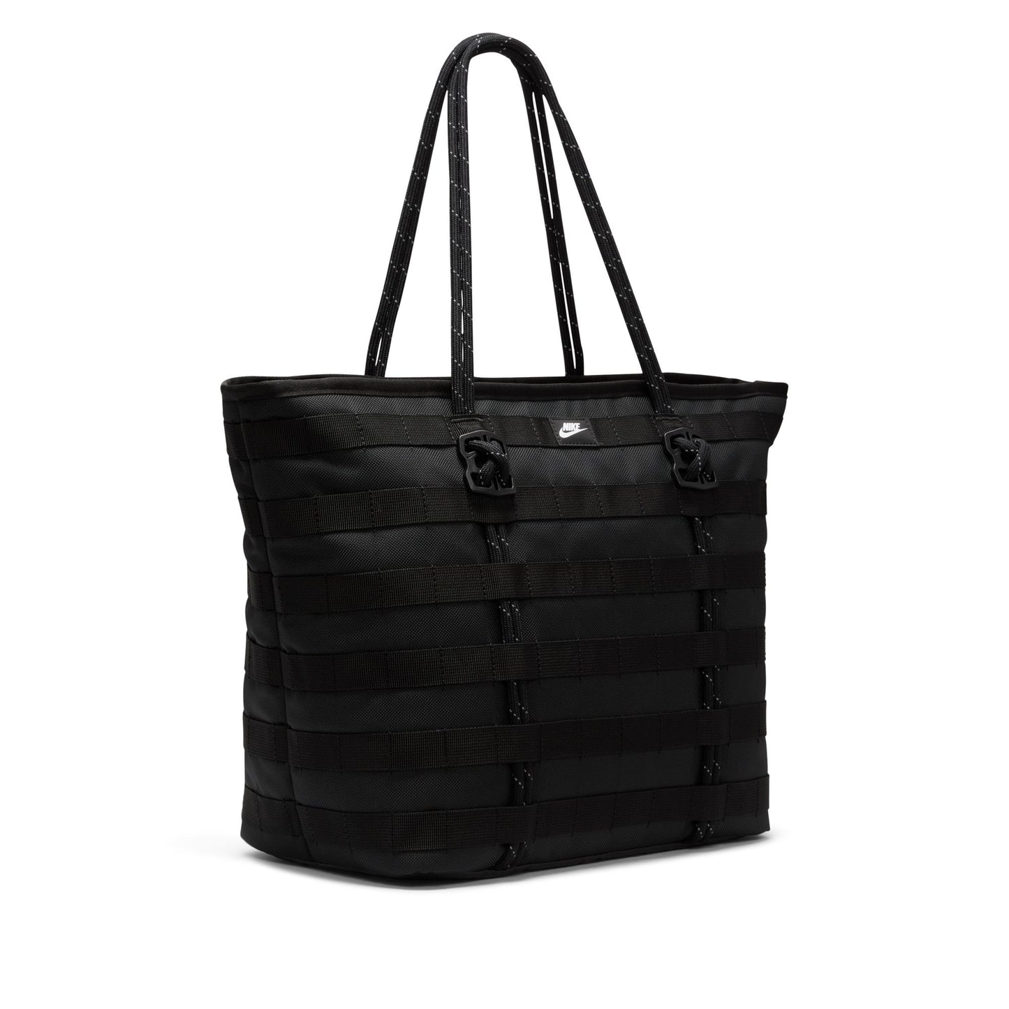 Black quilted tote bag with a visible brand logo on a white background