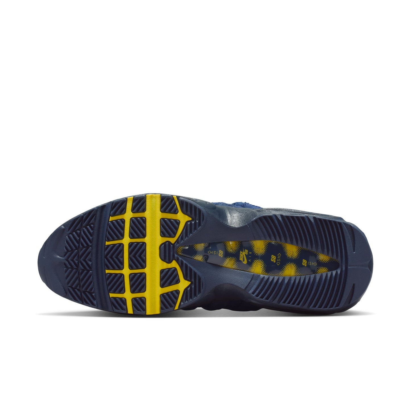 Blue and yellow athletic shoe sole on a white background