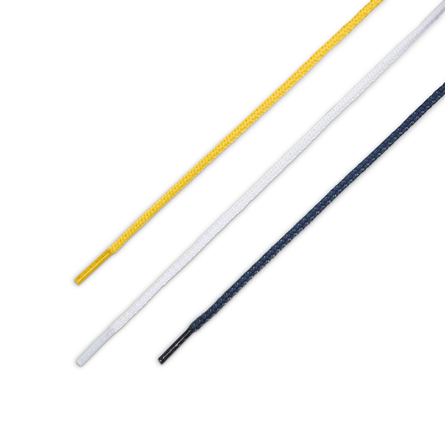 Three colorful laces (yellow, white, black) on a white background
