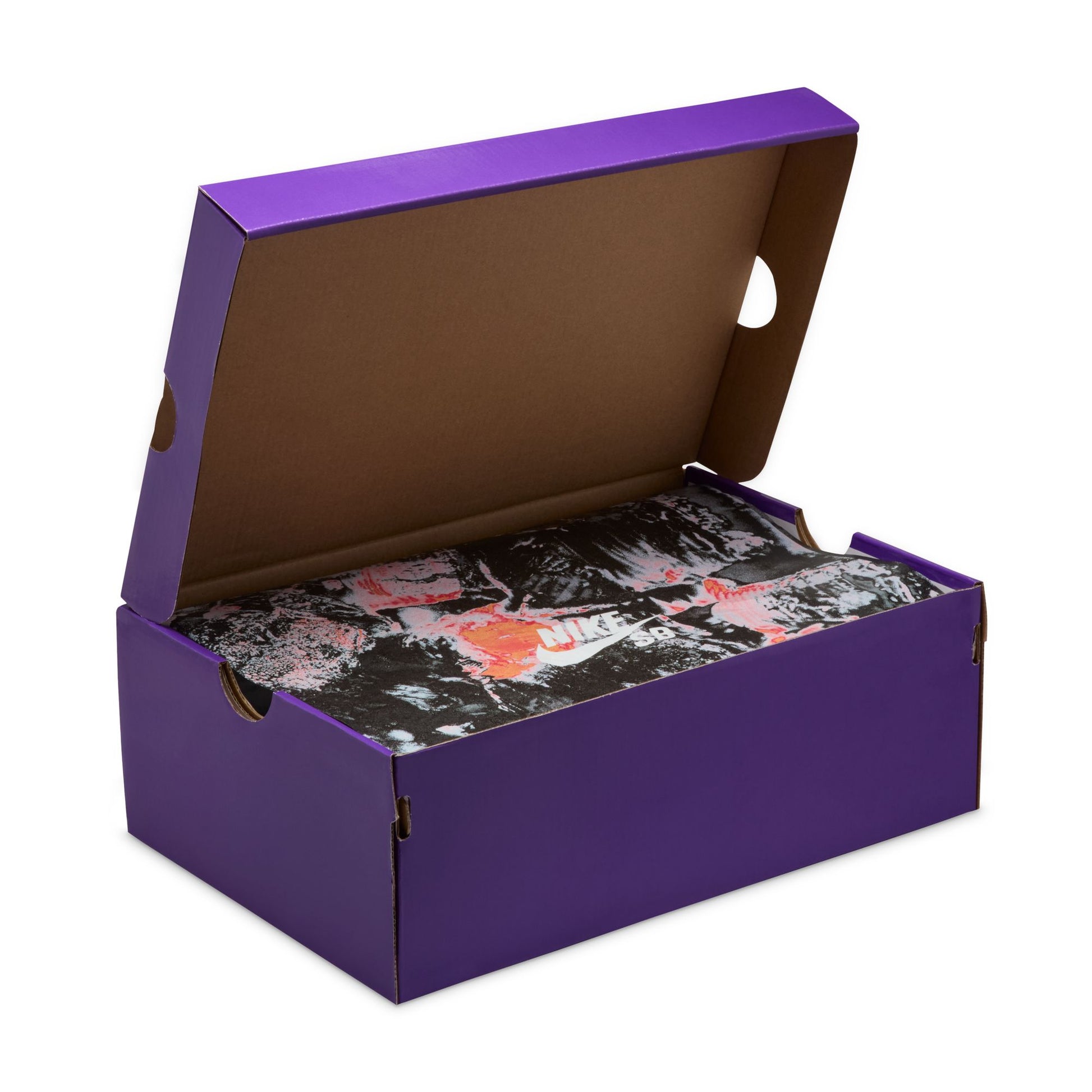 Purple box with a brown interior containing colorful items on a white background