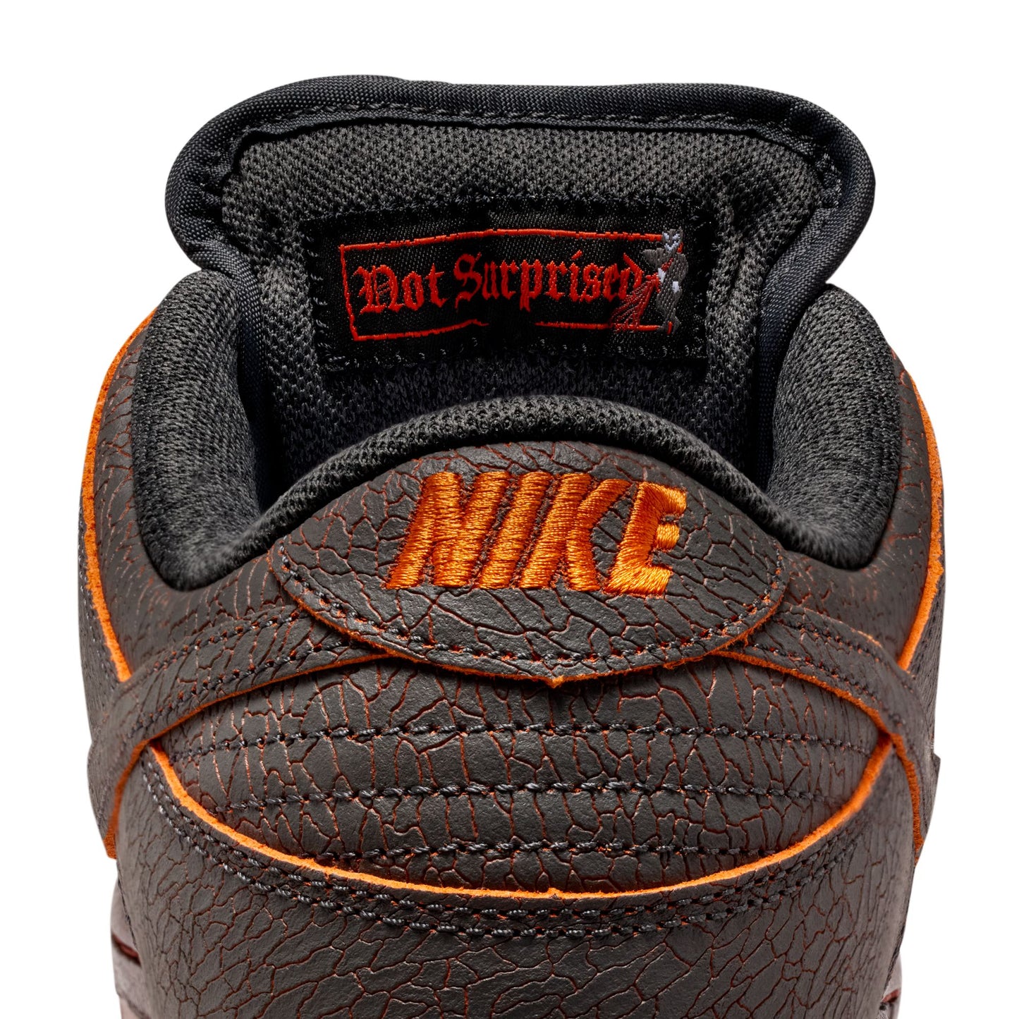 Brown Nike shoe with 'Not Suprised' label on a white background