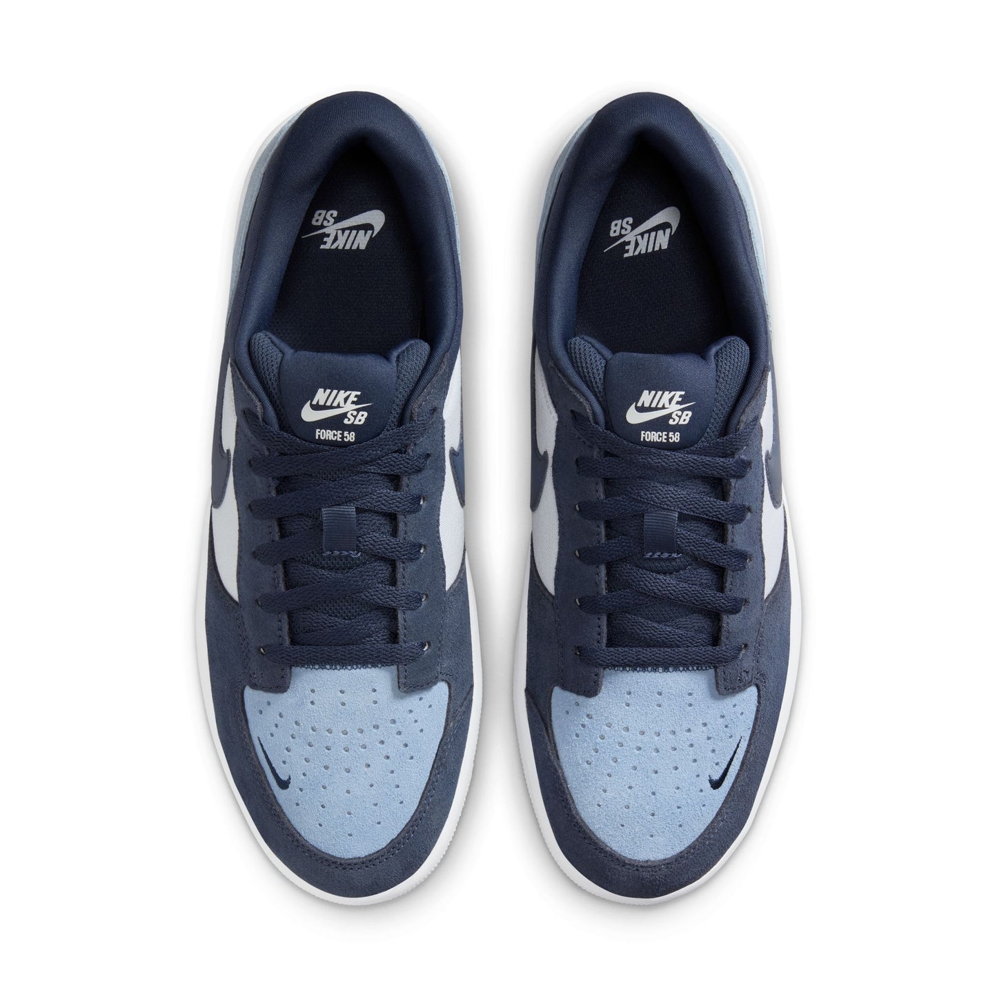 Pair of navy and light blue sneakers with Nike logo on a white background