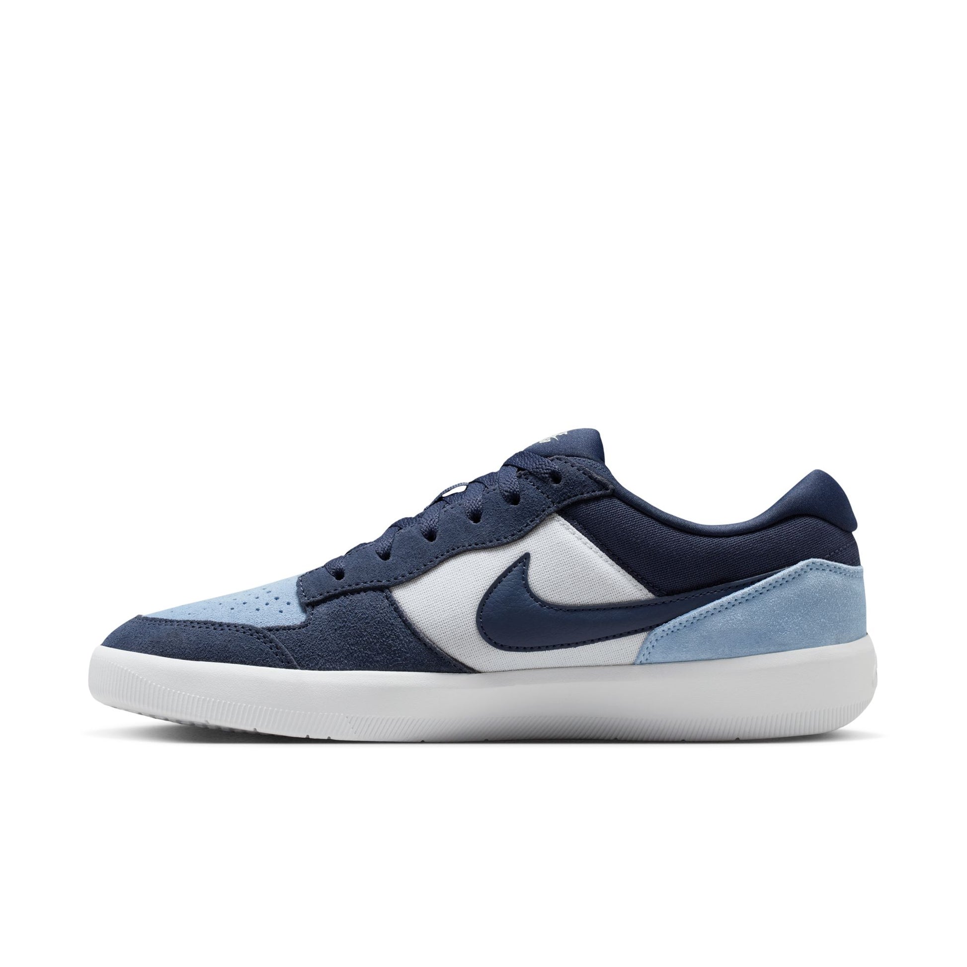 Navy and light blue sneaker with Nike logo on a white background
