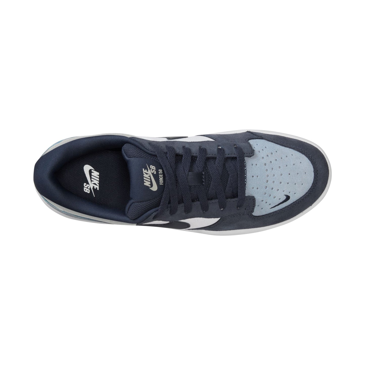 Navy blue sneaker with white accents on a white background