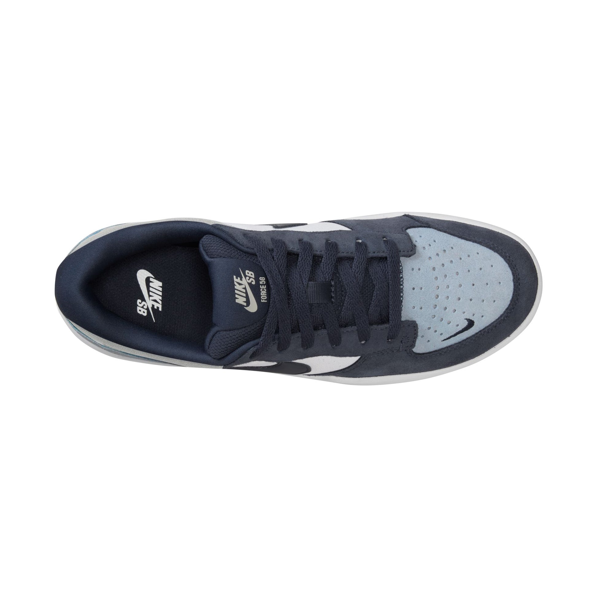 Navy blue sneaker with white accents on a white background