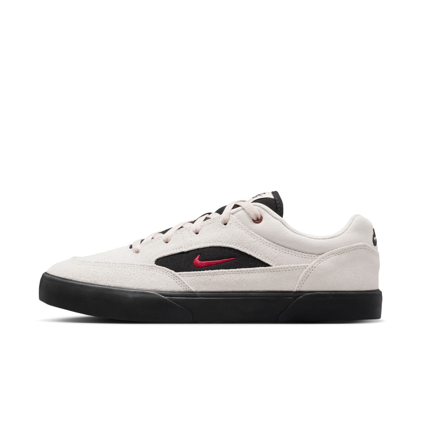 White sneaker with black and red accents on a white background