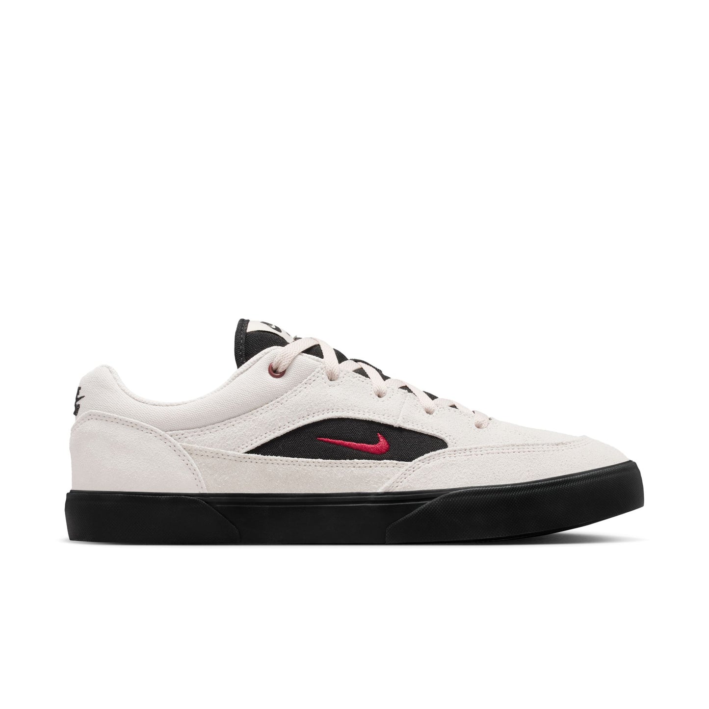 White sneaker with black sole and red swoosh logo on a white background