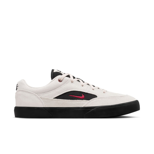 White sneaker with black sole and red swoosh logo on a white background