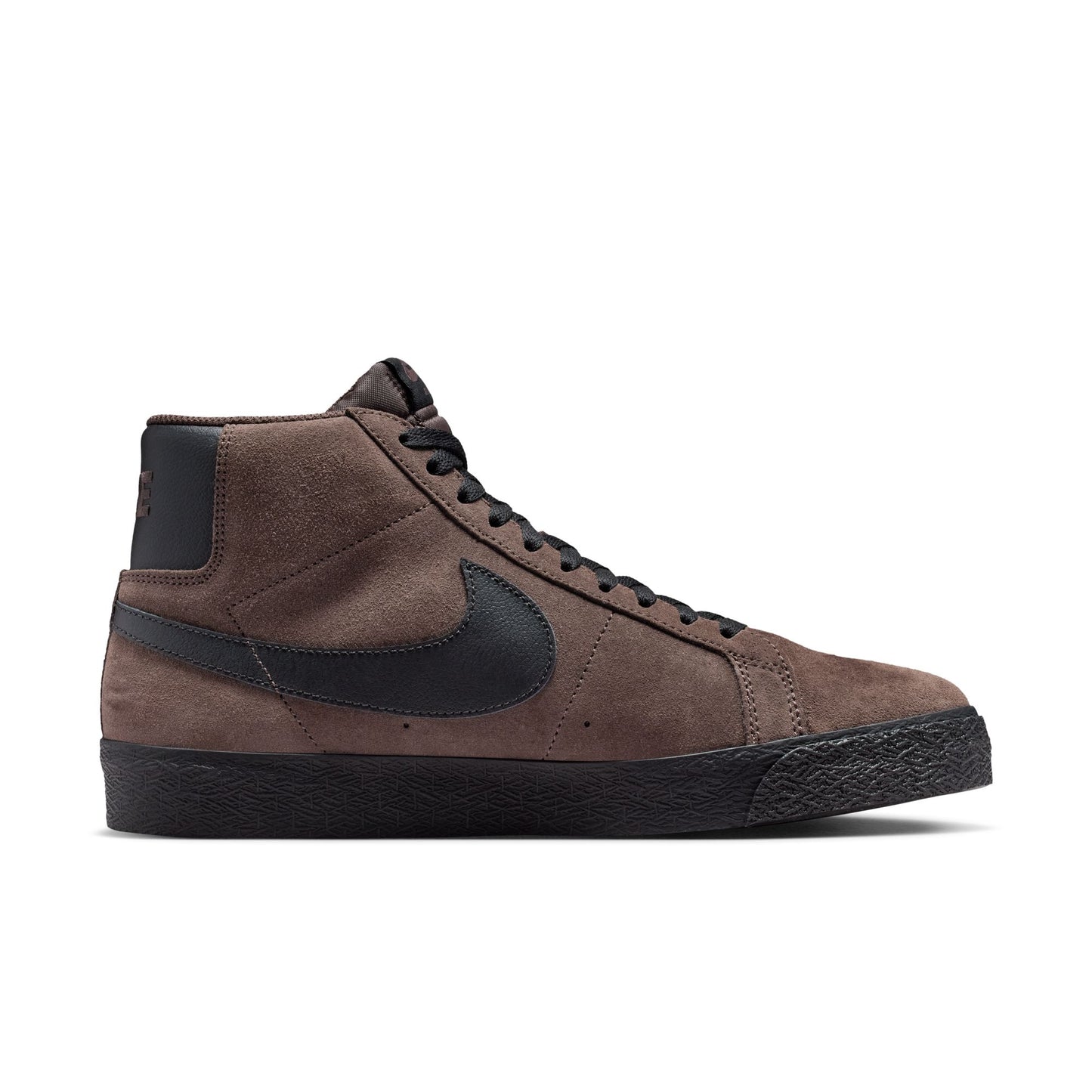 Brown high-top sneaker with black swoosh logo on a white background