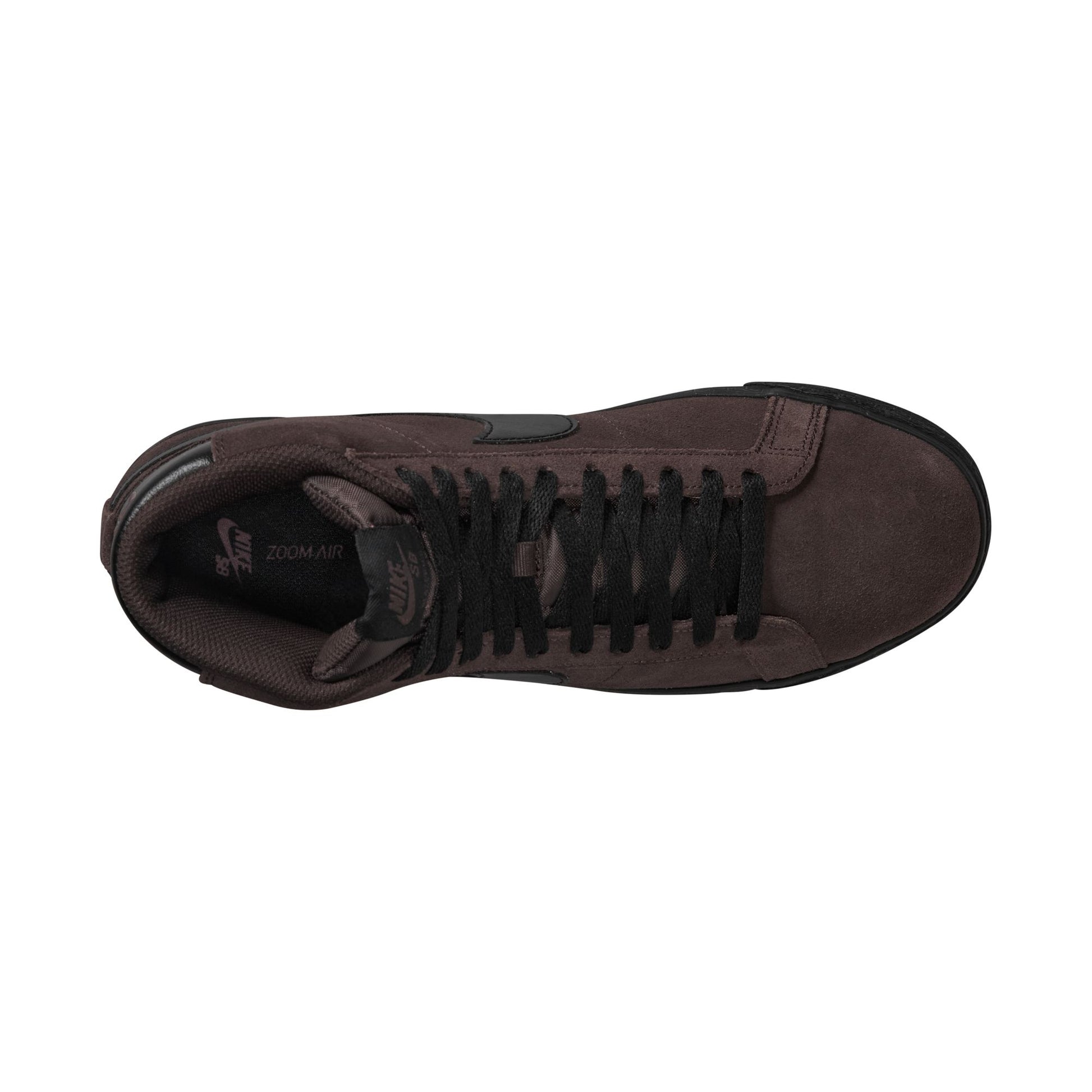 Brown sneaker with black laces on a white background