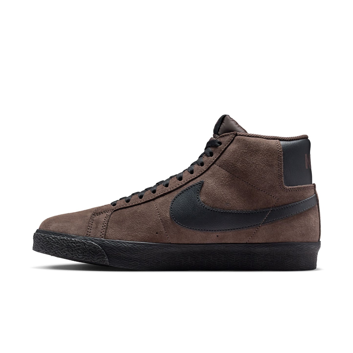 Brown high-top sneaker with black swoosh logo on a white background