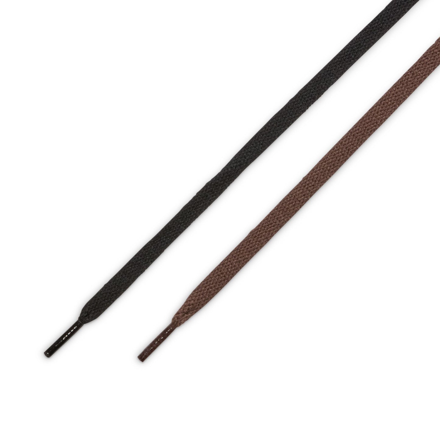Two pairs of shoelaces, one black and one brown, on a white background.