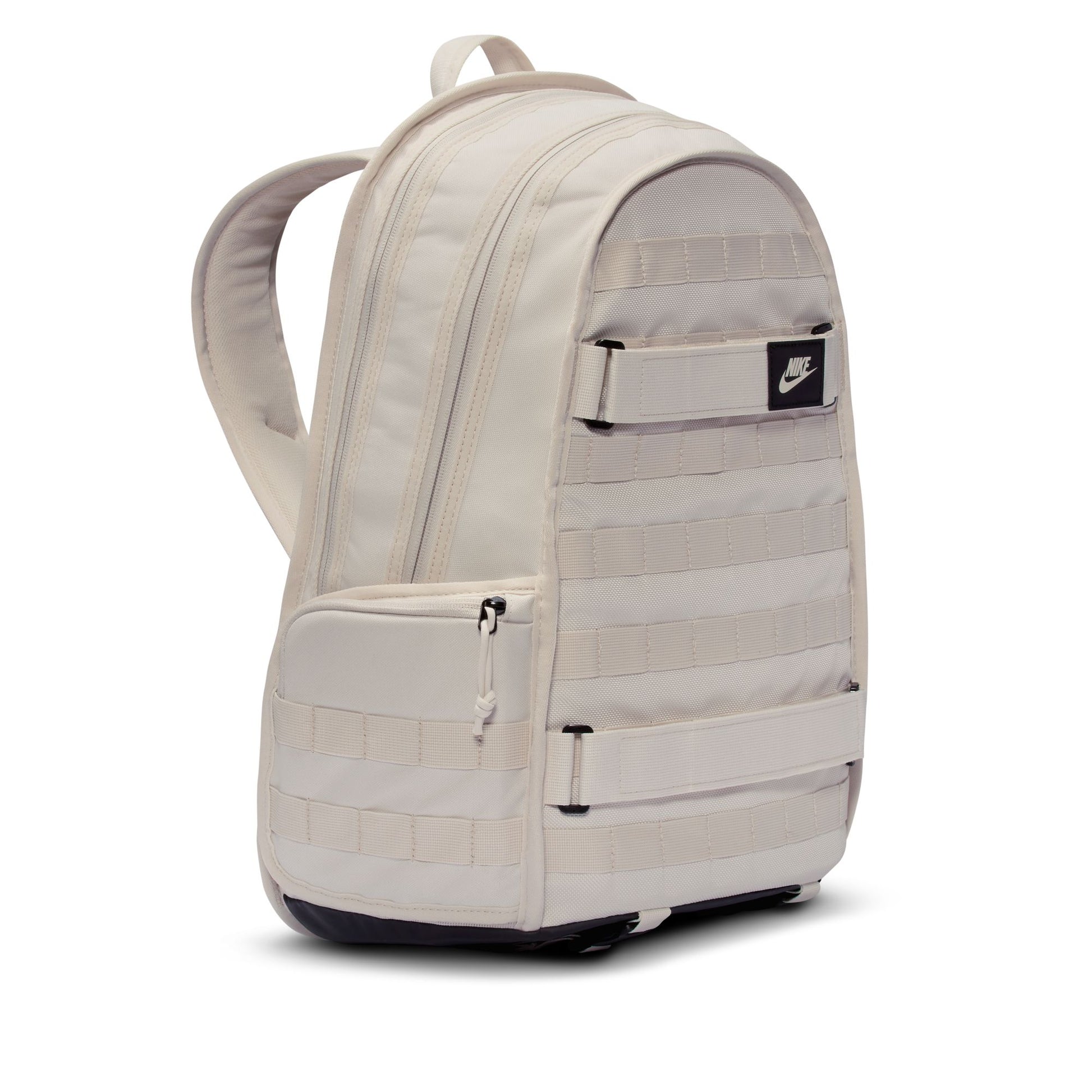 Beige backpack with a visible brand logo on a white background