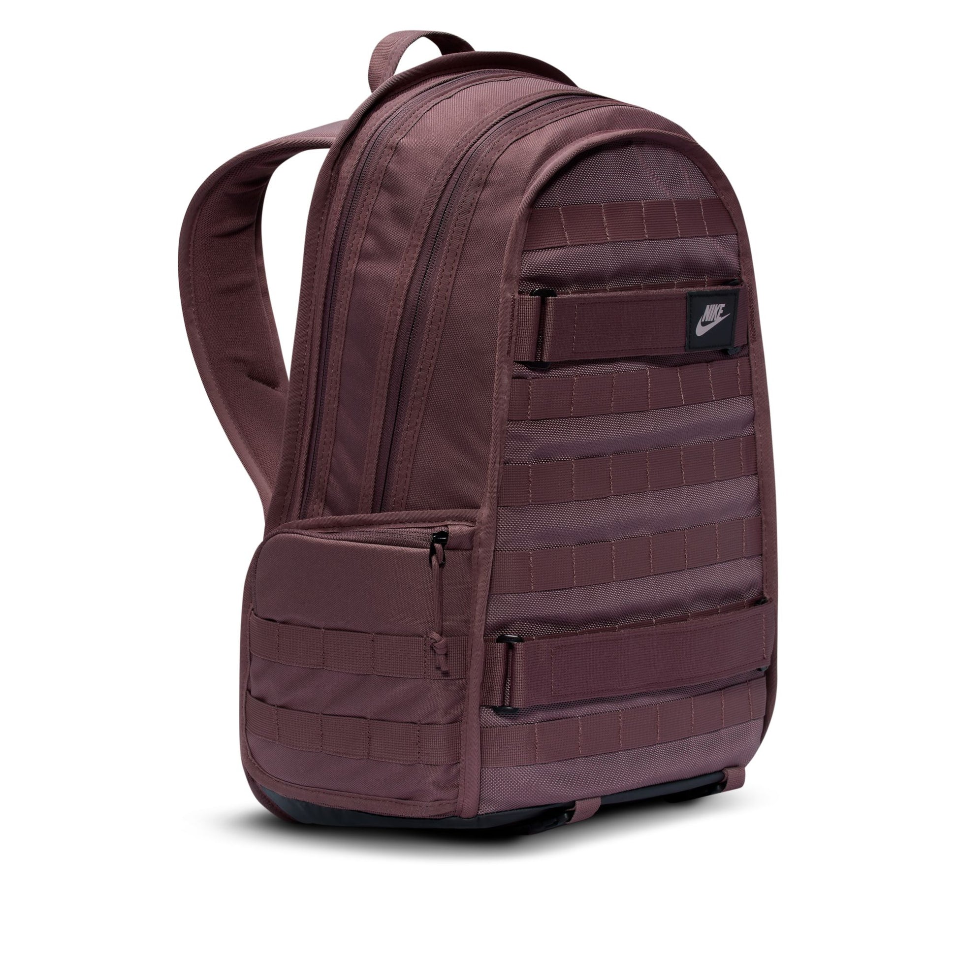 Maroon backpack with a Nike logo on a white background