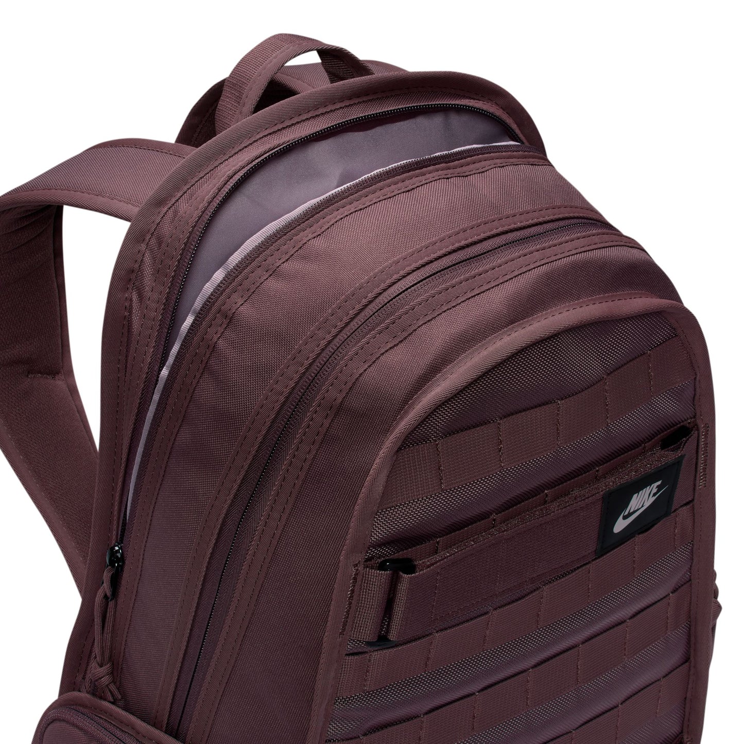 Brown backpack with a visible brand logo on a white background